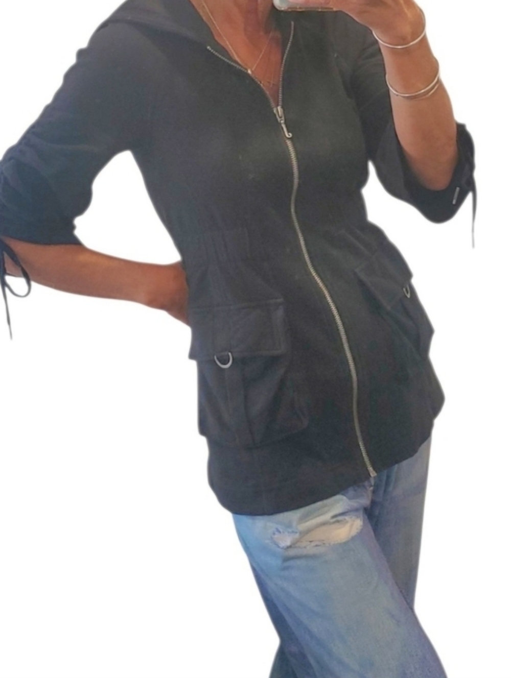 Juicy Couture Vintage Cinched Waist Hooded Zip-Front Utility Jacket Sweater